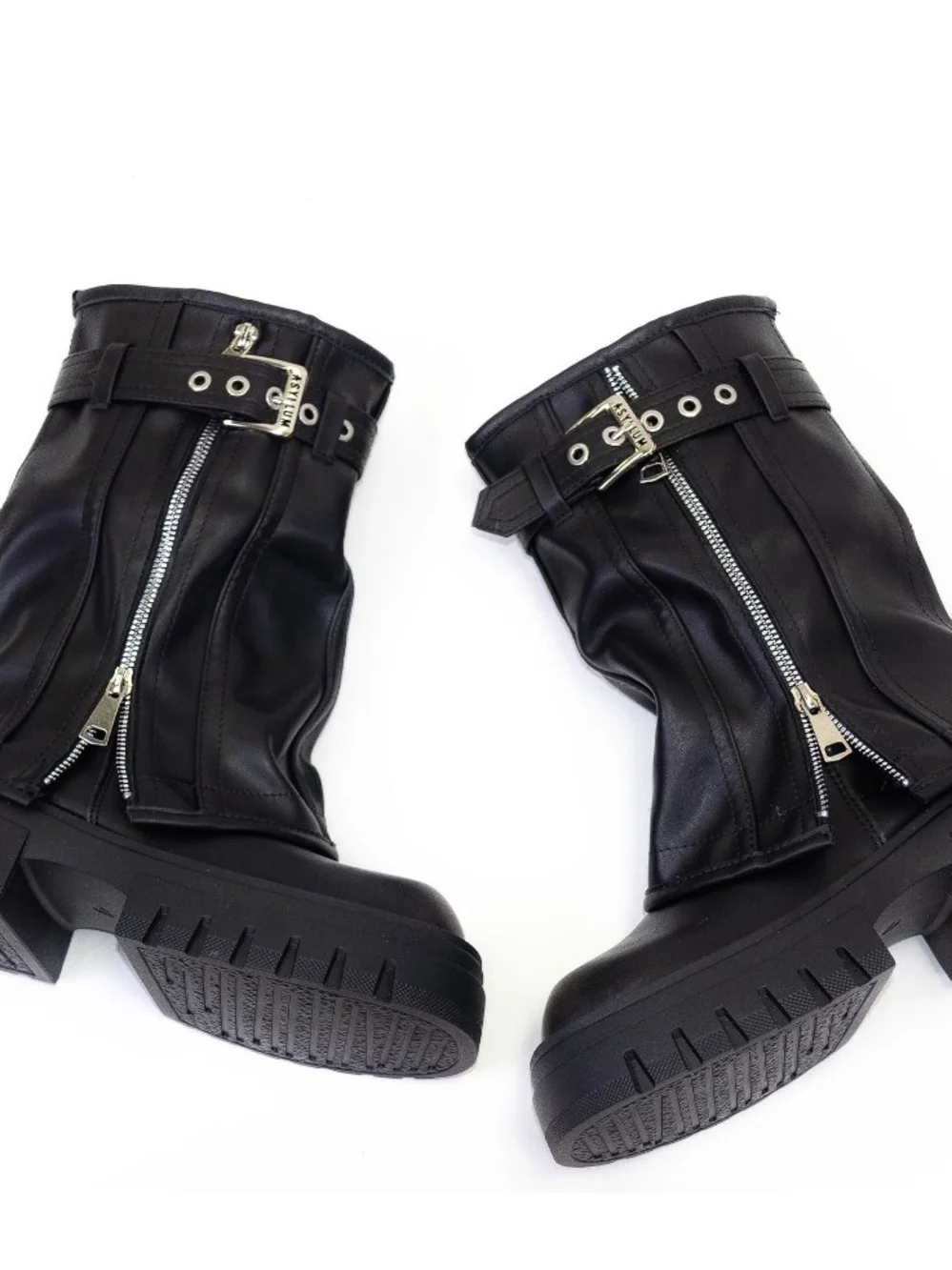 Black Chunky Platform Ankle Asylum Boots with Zipper & Buckle new In Box - Picture 3 of 5